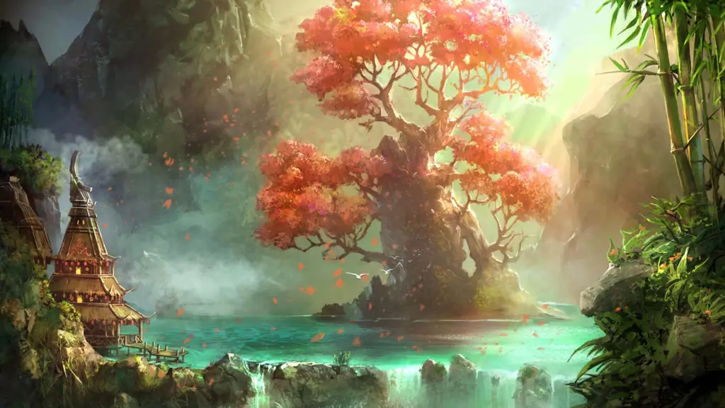 Suasana dunia isekai yang menawan Ilustrasi pemandangan fantasi yang indah